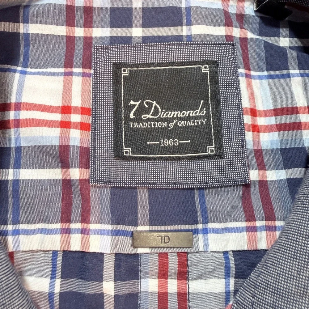 7 Diamonds Plaid Button Down Shirt Men's Large Red Blue White Long Sleeve Casual